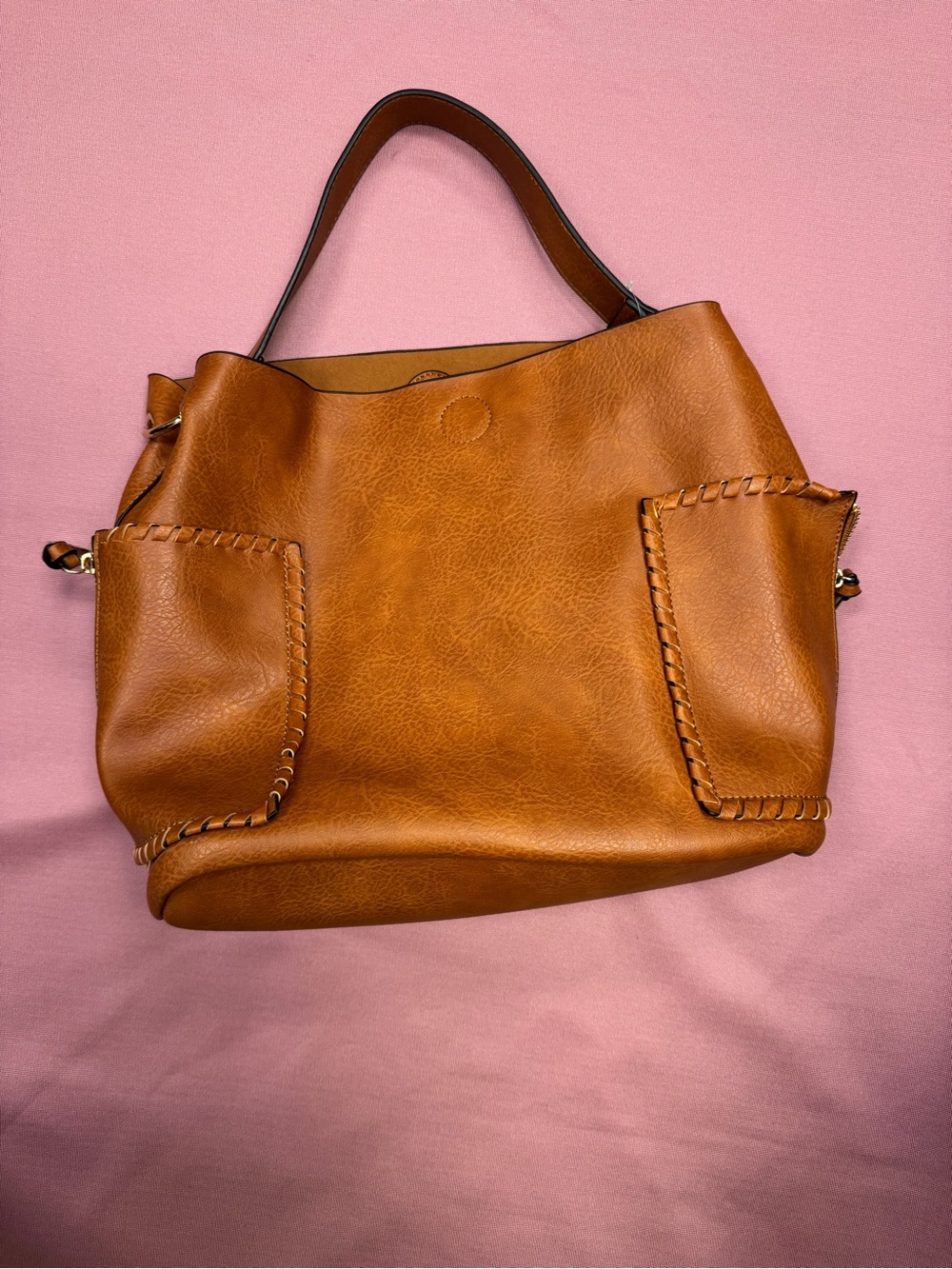 Women’s Tan Leather Tote Bag with Whipstitch Detail